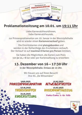Kartenvorverkauf 13.12. zur Proklamationssitzung der KG „De Witsemänn“
